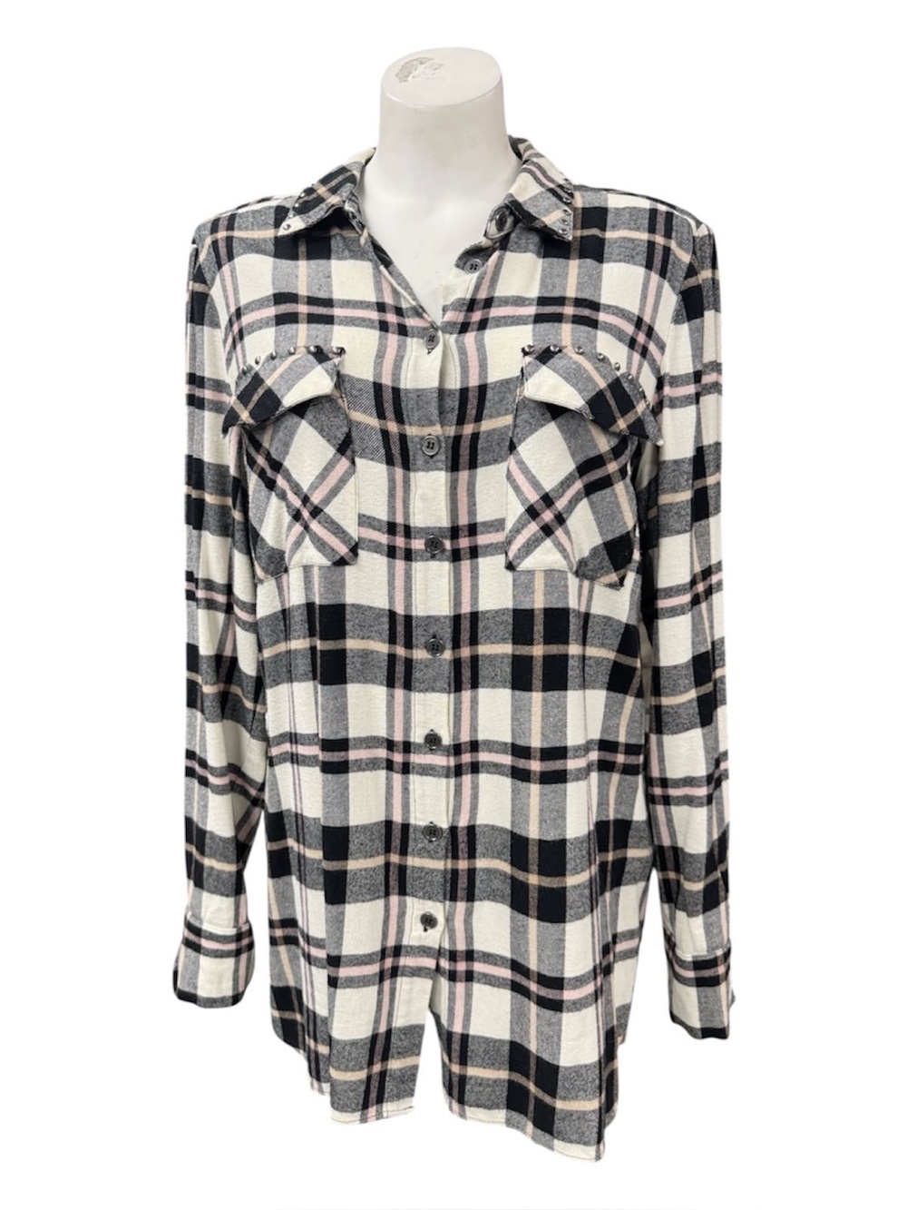 Laura Plaid Button-Down Shirt - Black, Cream & Pink Size M